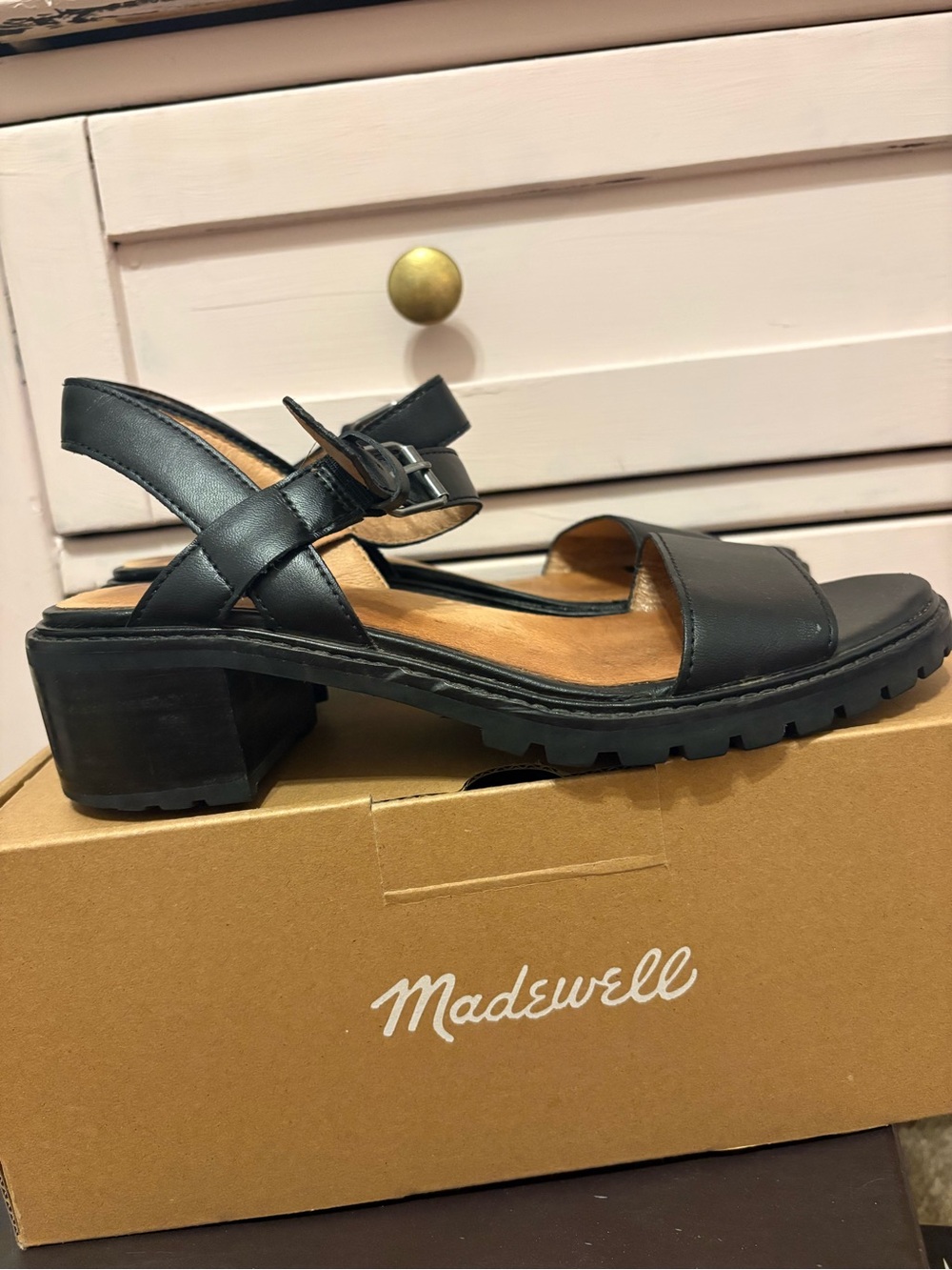 Madewell Black Leather Lug Sole Block Heel Sandals